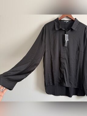NWT Satin Flowy Button Down Top Black Women XL Work French Minimalist Timeless